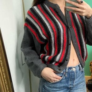 Vintage Grey & Red Striped Cardigan